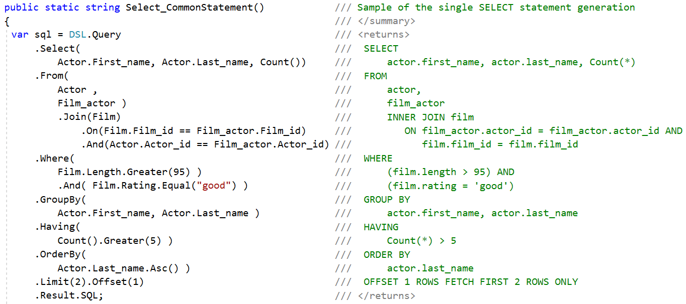 Domain Specific Language: define SQL queries via fluent API