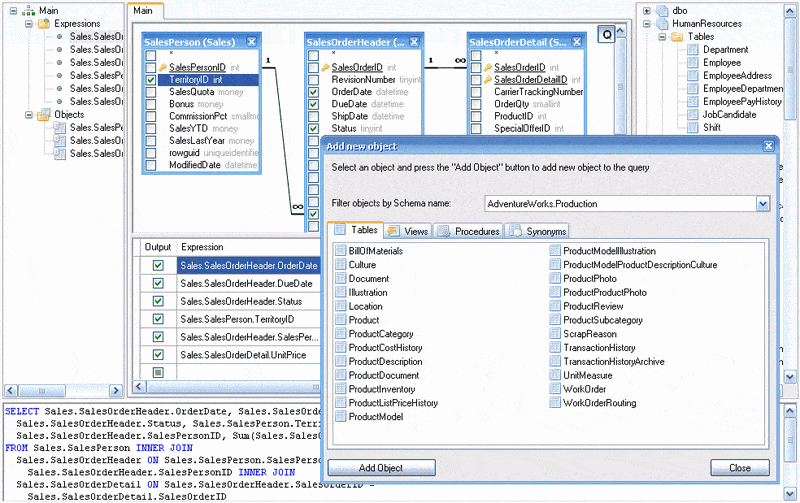 Active Query Builder automatically determines the relationships between the tables and creates the appropriate joins for them.